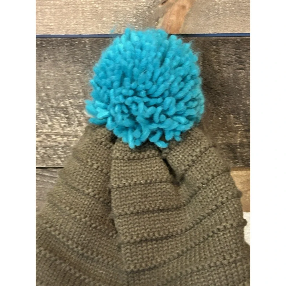 REI Co-op Beanie‎ Hat Girls One Size Brown Blue Pom Knit Fleece Lined Winter